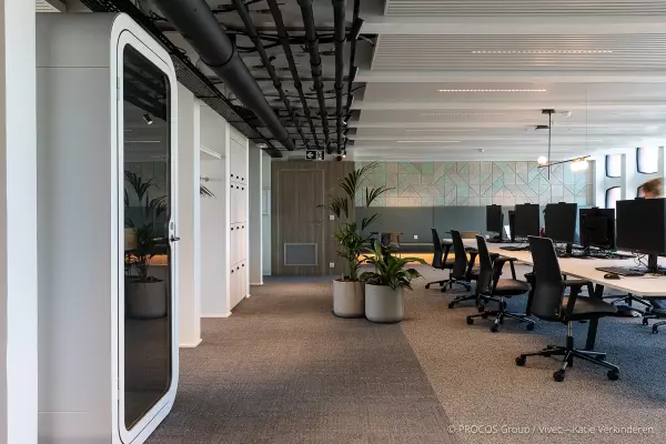 Office design with desks, ergonomic chairs and soundproof call box