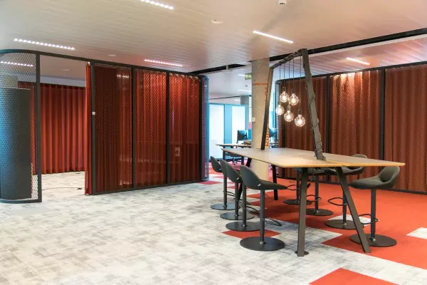 Complete interior Telenet Office design with workspace and space for brainstorming